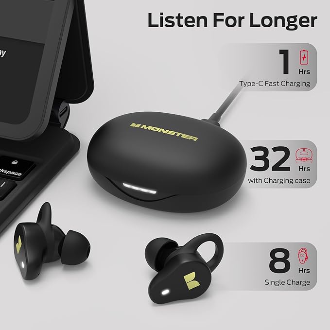 Monster N-Lite 210 Wireless Earbuds, Bluetooth 5.4 in-Ear Stereo Headphones, Built-in Mic for Crystal Clear Call, 32H Playtime, Type-C Charging, Waterproof in-Ear Ear Buds Earphones for Sports, Black
