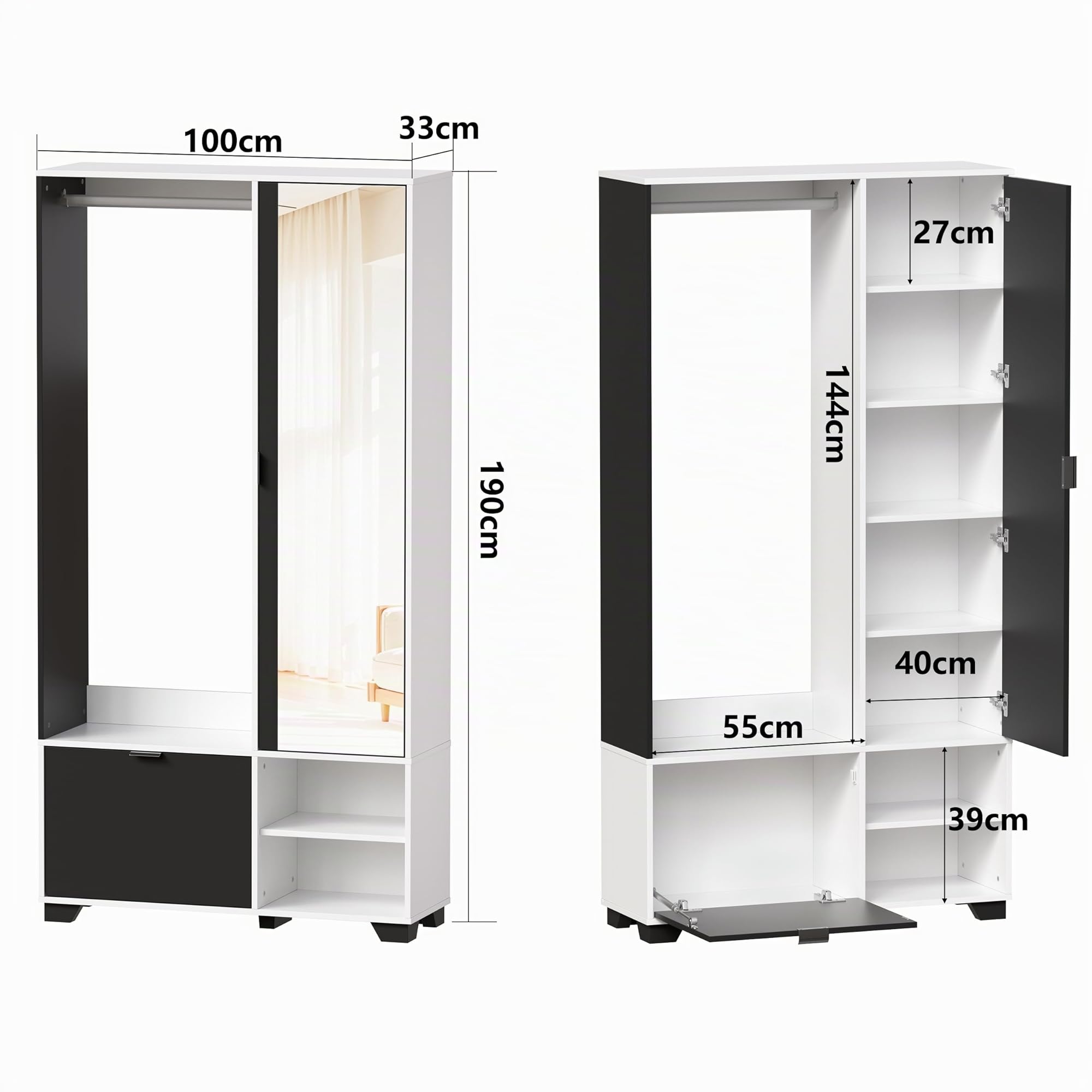 MSFE Meuble d'entrée Vestiaire avec 144 cm Miroir,Ensemble de Garde-Robe Compact avec Tringle à Vêtements,Armoire à Chaussures et Compartiments,Meuble D'entrée avec Rangement,100L x 33L x 190H cm