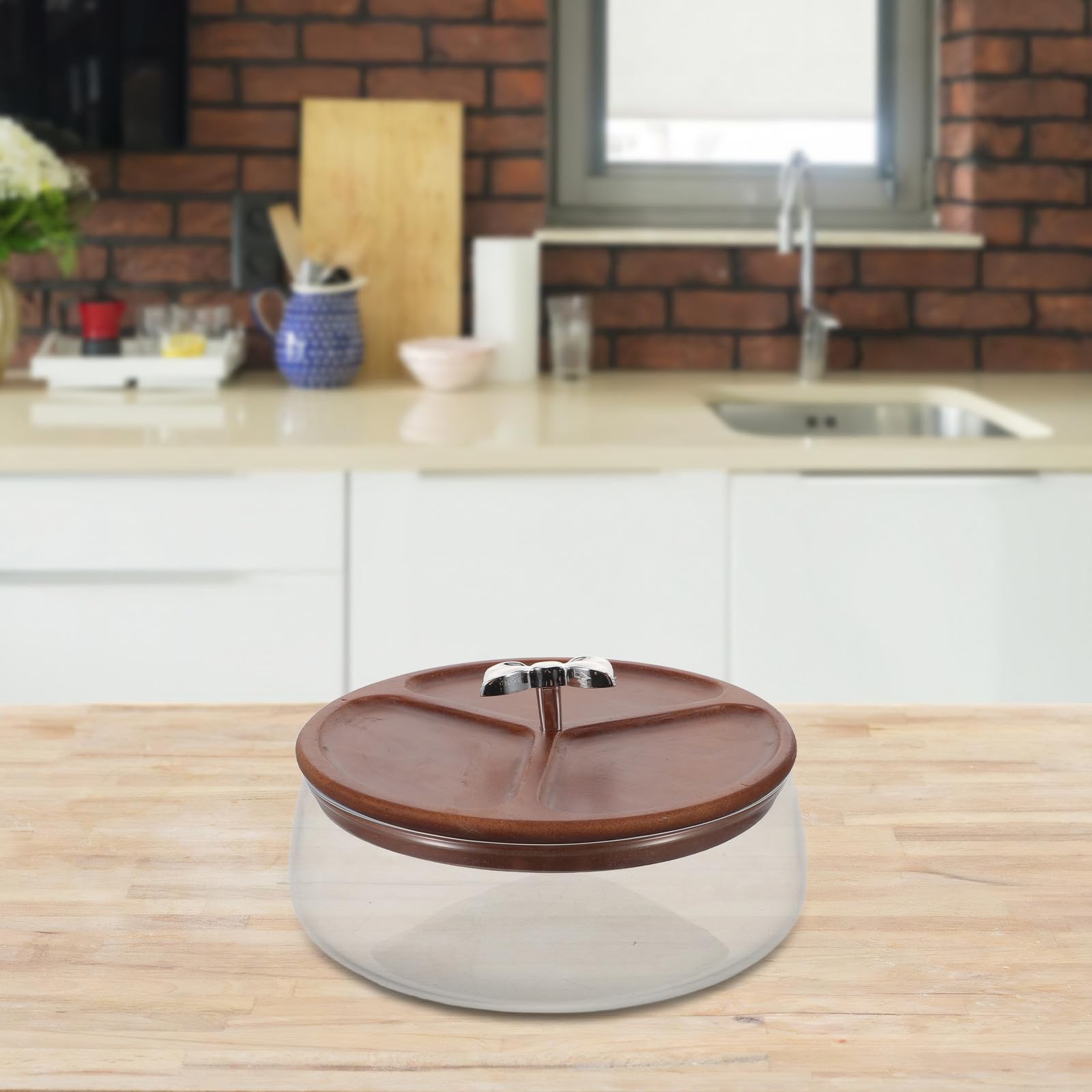 Cuenco de Vidrio para Aperitivos de 1200ml con Tapa de Madera | Cereales y Snacks, Uso en Cocina y Encimera, Diseño Decorativo, Elegante y Moderno