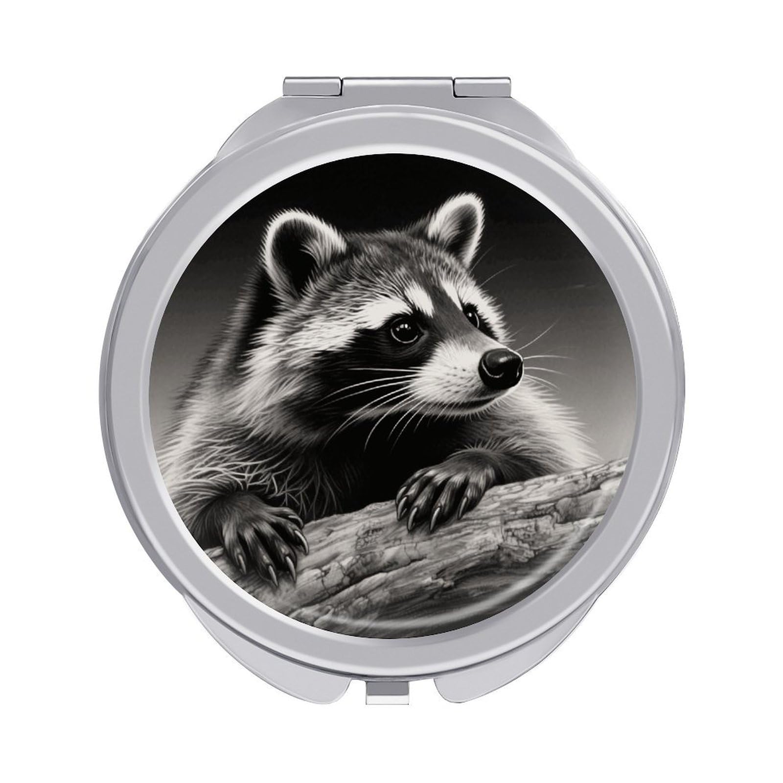 FodPand Compact Hand Mirror with 1x/2x Magnifying Round Travel Makeup Mirror Mini Foldable Raccoon Black Cosmetic Mirrors Travel Essentials Gift for Women Girl Portable for Pocket Purse -Silver