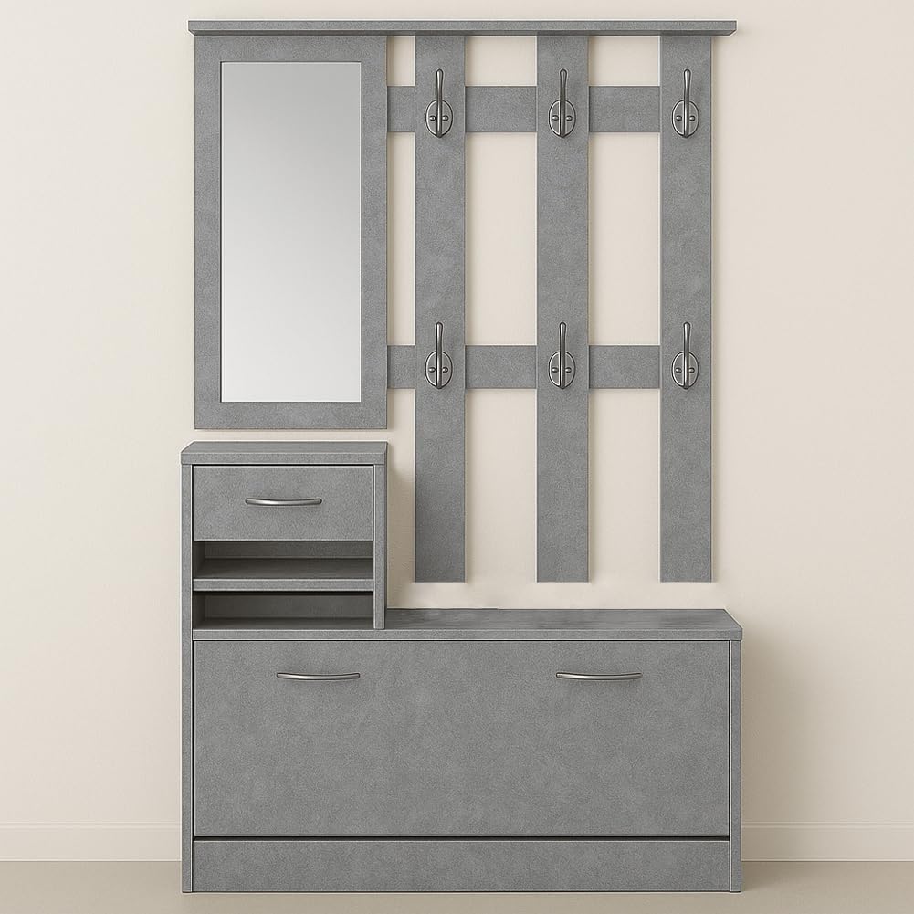 BAKAJI Set Mobili Ingresso Design Moderno con Scarpiera Panca Cassetto Specchio Rettangolare e Appendiabiti Attaccapanni 6 Ganci da Parete Casa Design Moderno in Legno (Grigio)