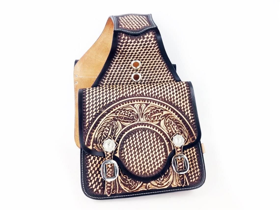 HUMAYL SADDLERY Horse Saddle Bag Western Cowhide Genuine Leather Equestrian Trail Tooling Carving Tooled Carved Pack Equipment Horse Saddle Bags Size: 10” L x 10” W x 3 ½” D inches, BAG172