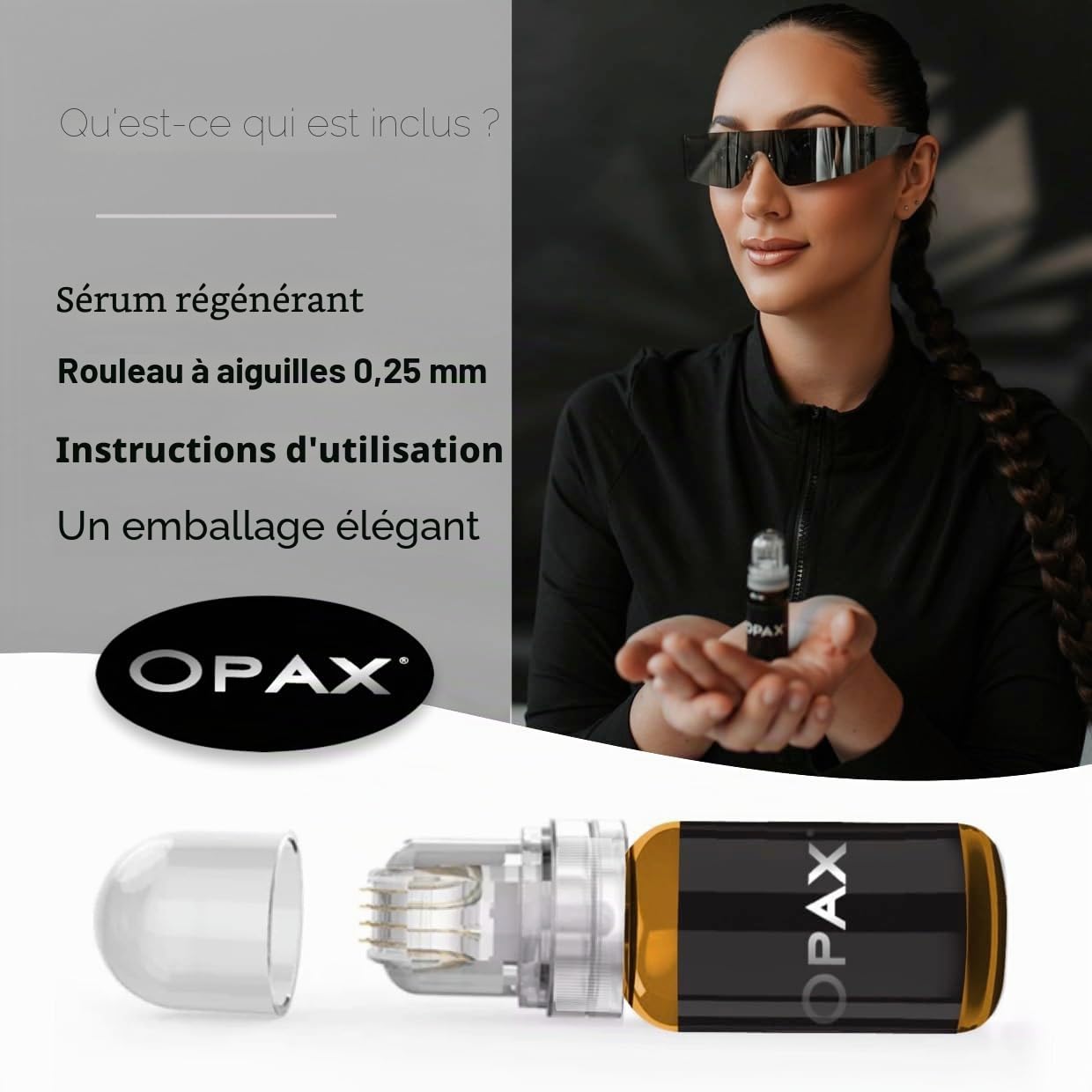 Opax Dermaroller 0,25 mm pour microneedling visage – Soin de la peau – Sérum 10 ml à l’acide hyaluronique, Coenzyme Q10, Collagène et Élastine – Fabriqué en Italie