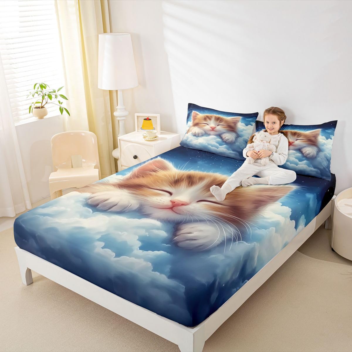 Juego de sábanas bajeras de 3 piezas tamaño King, diseño de gato naranja, acuarela, nubes, cielo, galaxia, para niños y niñas, bonita decoración de gatito durmiente, bolsillo profundo, 2 fundas de