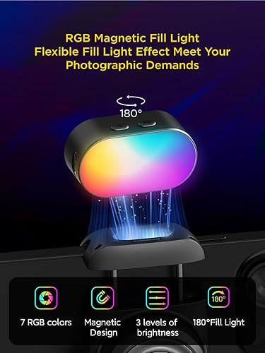 Miniatura 2 de AOCHUAN Luz de relleno magnética RGB para cardán, luz de video LED con 3 brillo y ajuste de 7 colores para fotografía, mini luz de relleno portátil