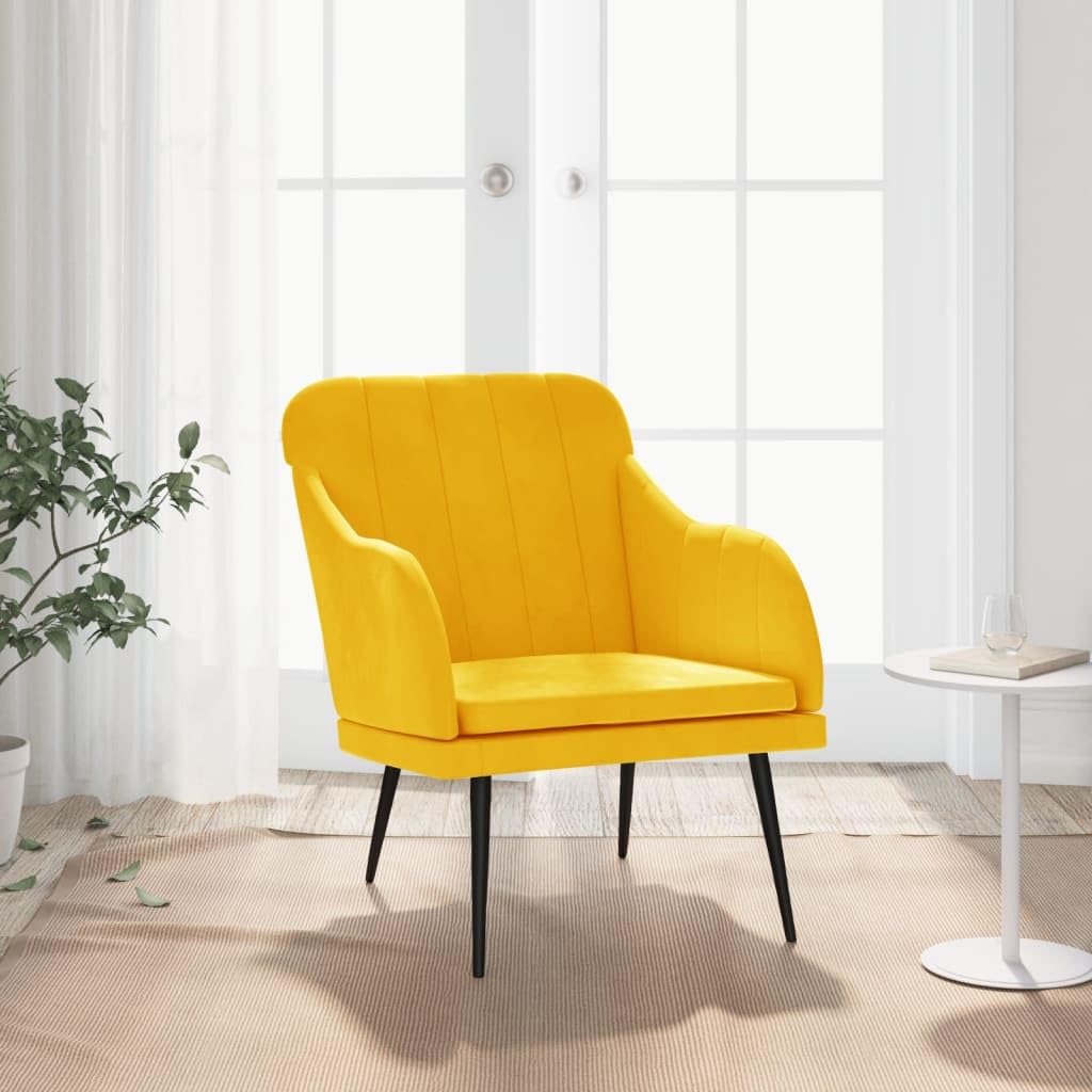 Poltrona gialla, 63 x 76 x 80 cm, in velluto con schienale e braccioli imbottiti, comoda poltrona con struttura in metallo per la stabilità, istruzioni di montaggio incluse (lingua italiana