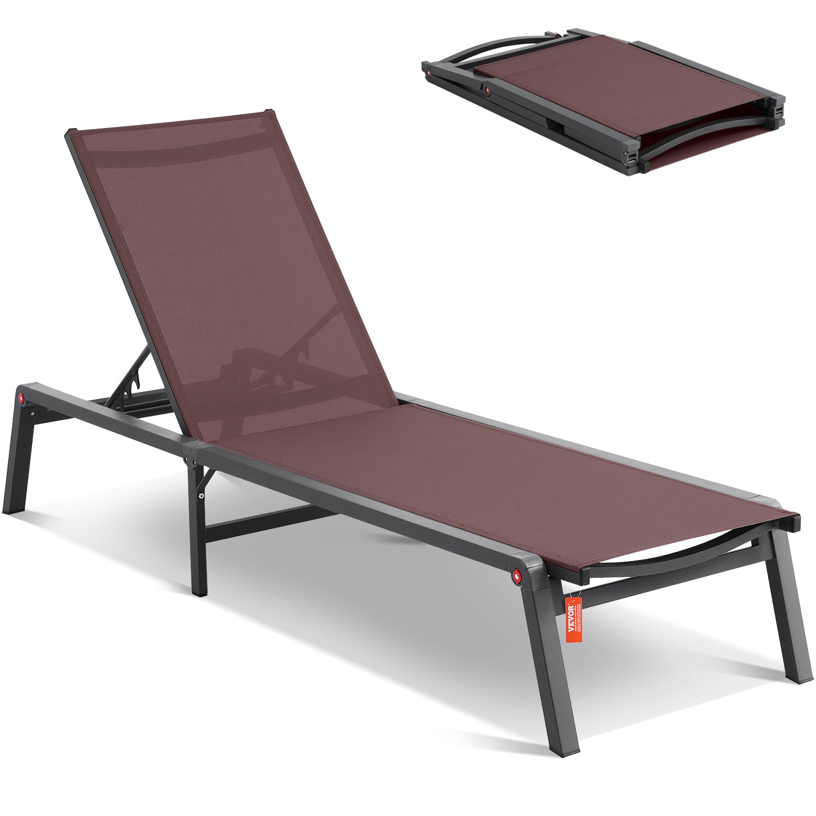 VEVOR Tumbona de Jardín para Exterior 1 Pieza Tumbona Plegable de Aluminio para Patio con 5 Posiciones Ajustables Tumbona Reclinable Totalmente Plana para Playa, Piscina, Exterior, Terraza, Marrón
