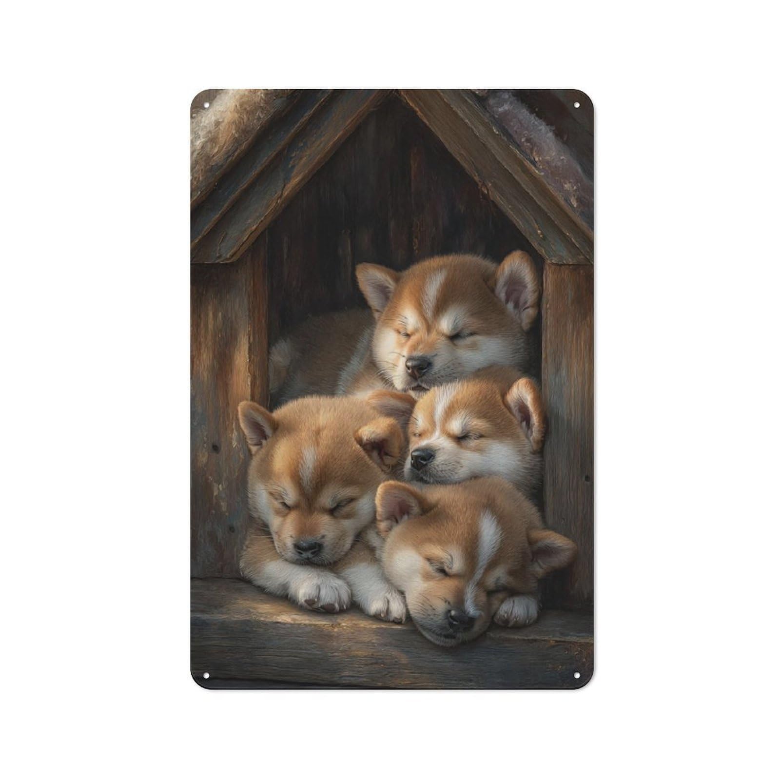 Junmoney Cute Puppies Nestled In A Wooden House 30X20cm Retro Metal Sign With For Man Cave Or Games Room, Tin Sign Wall Decor For Games Rooms And Man Caves