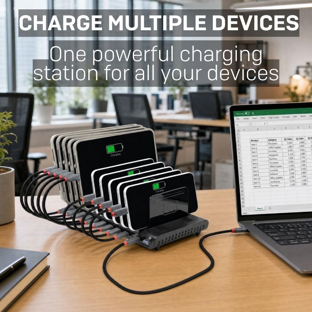 Lindy Stacja ładująca i hub 240 W, 10 portów USB, 8 x USB-C PD 3.0 i 2 x USB-A regulowane ścianki działowe do laptopa, tabletu i telefonu, w zestawie adapter Global Power