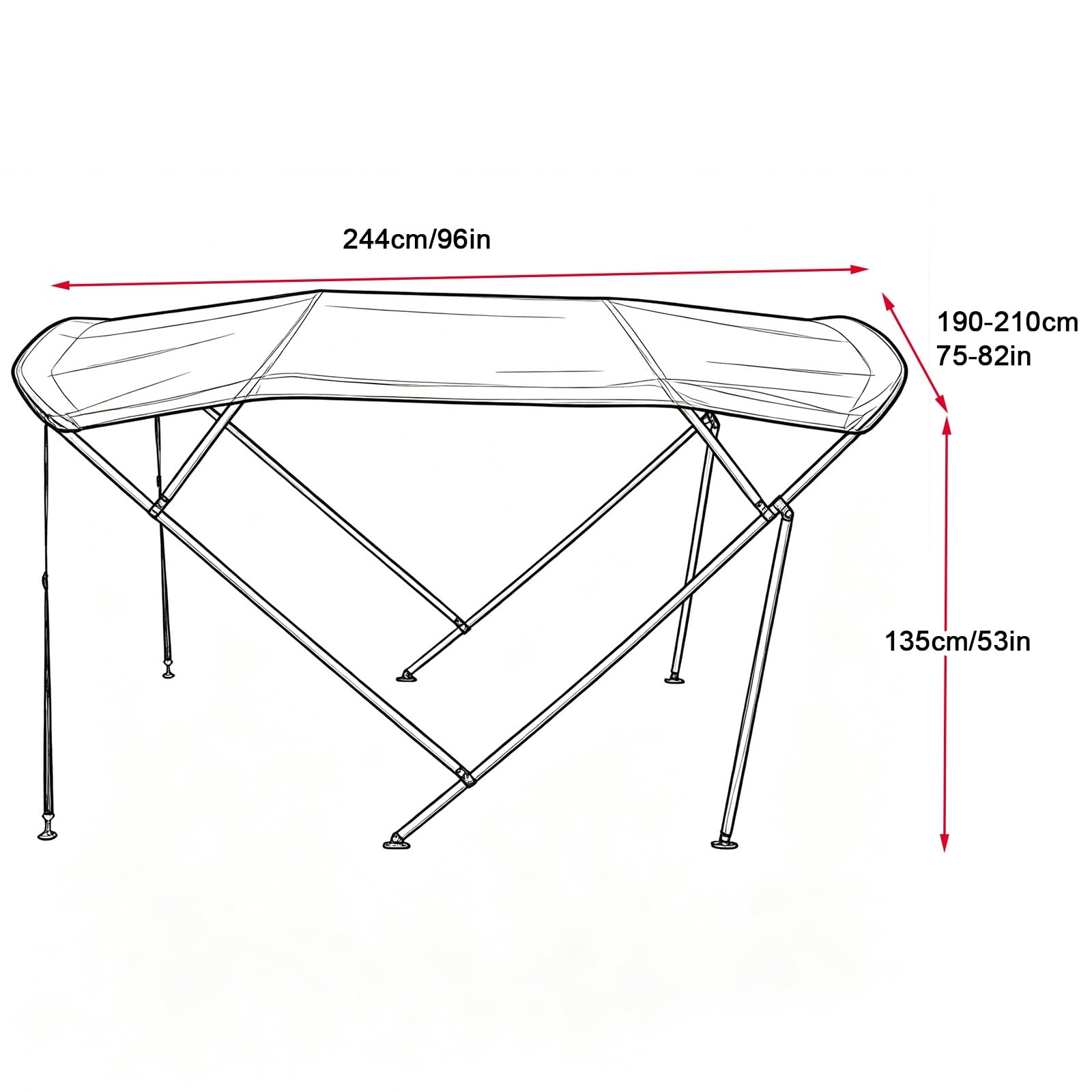 Tendalino Barca a 4 Archi, Ombreggiatura per Barche, Tessuto Oxford 800D, Telaio in Alluminio, 2 Pali di Supporto Posteriori, 2 Cinghie, Custodia Inclusa(Red,190-210cm/75-82in)
