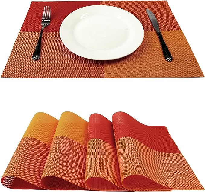 Feinerman 6 Pcs PVC Woven Vinyl Placemats Set, Non-Slip, Heat-Resistant & Washable Table Mats, Stain-Resistant, Anti-Skid for Kitchen, Dining Table & Restaurant, Easy-to-Clean Dining Mats (Orange)