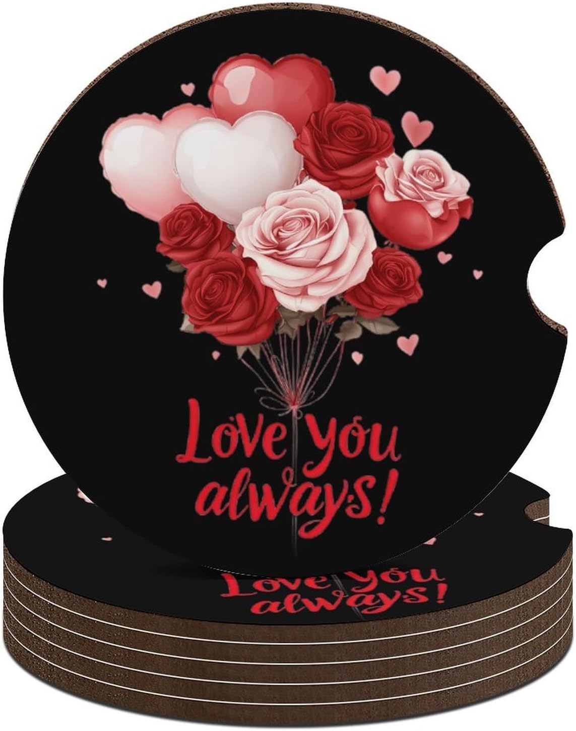 Valentines Love You Always Cute Car Coasters 2.56 Inch Absorbent Cup Holder for Drinks Auto Interior Accessories