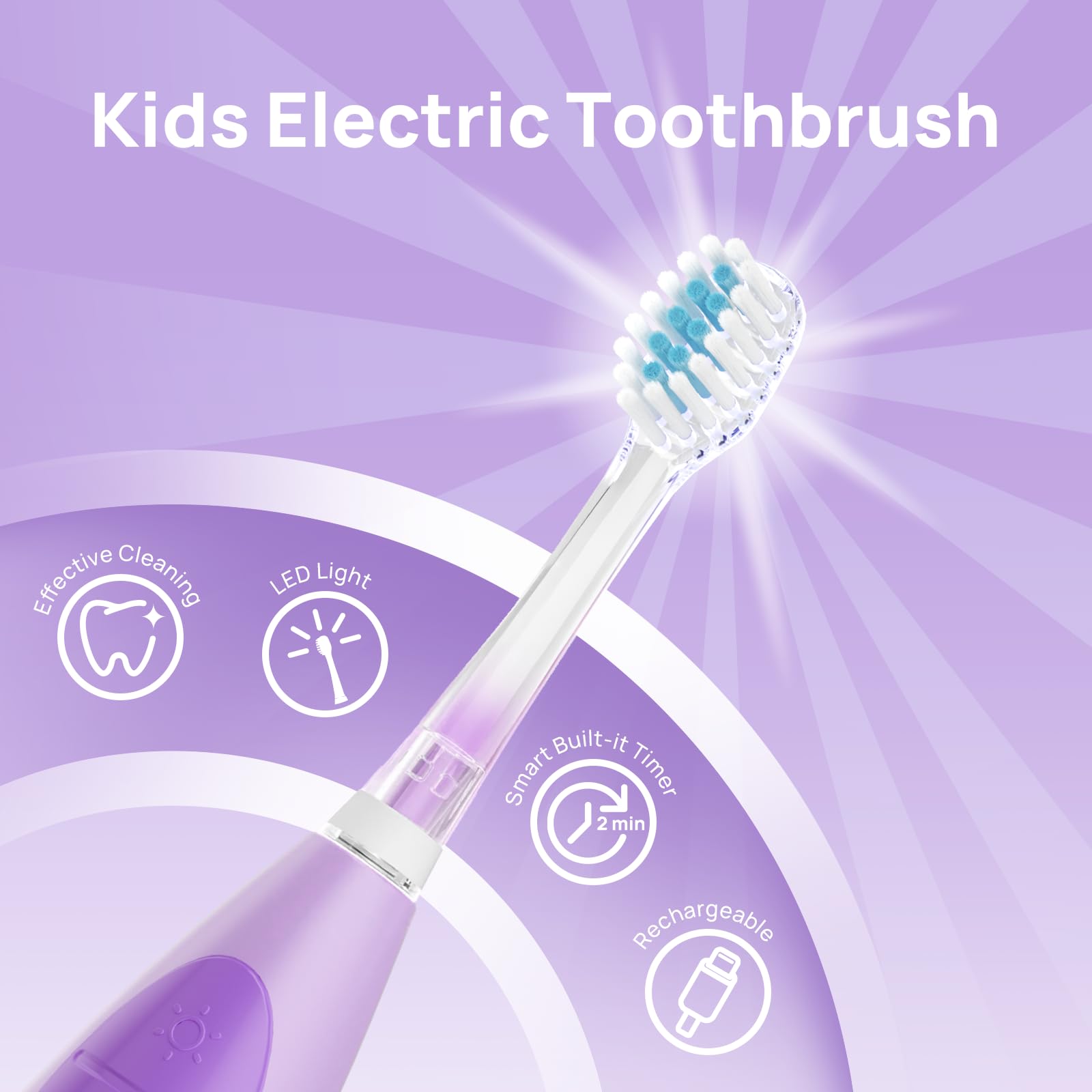 Papablic Spazzolino elettrico per bambini dai 4 anni in su, per bambine e ragazzi, ricaricabile tramite USB, con timer intelligente, luce LED e 2 testine di ricambio, viola