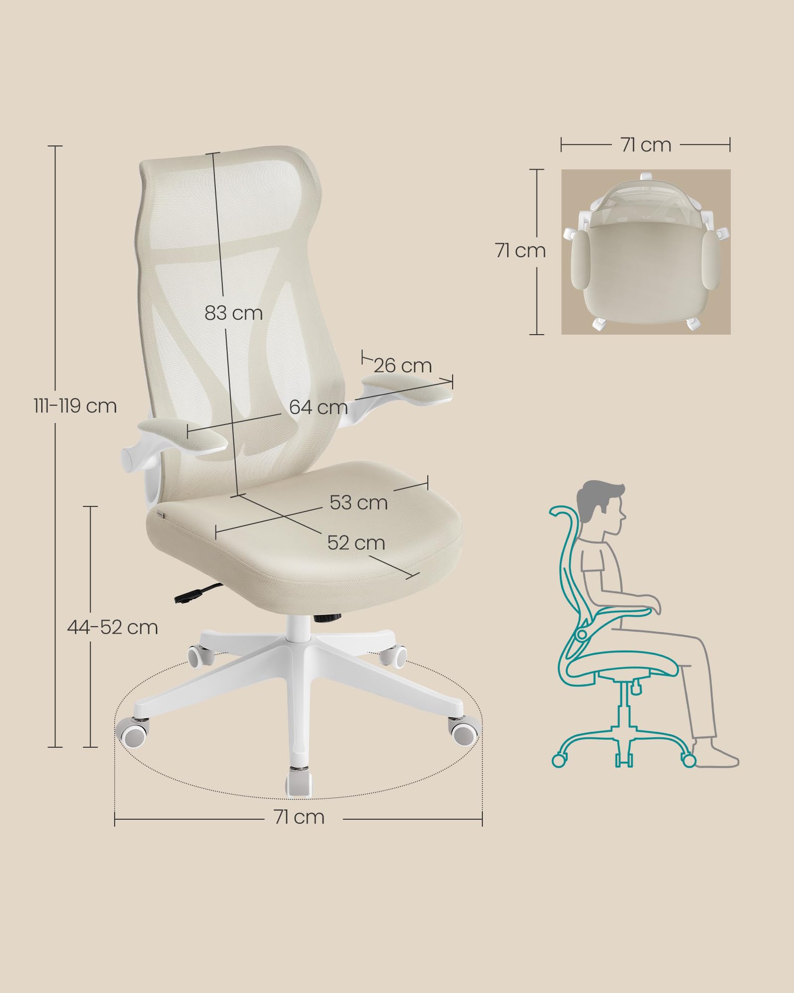 SONGMICS Krzesło biurowe, obrotowe krzesło siatkowe, ergonomiczne oparcie, regulacja wysokości, rozkładane podłokietniki, zagłówek, obciążenie do 150 kg, beżowy cappuccino OBN088K01