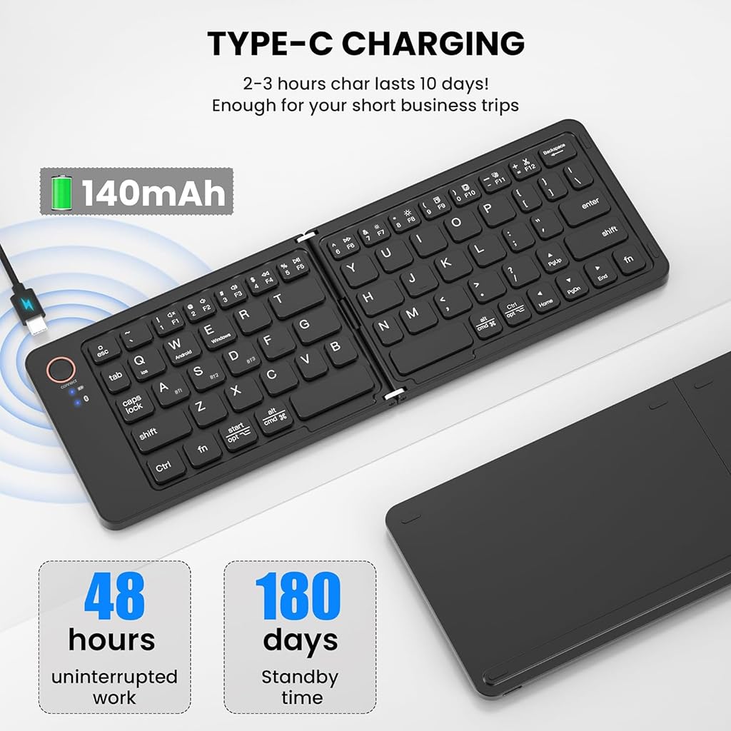 Image showing the TECPHILE B023-Black keyboard connected to a USB-C charging cable, with a battery icon indicating 140mAh capacity and battery life details.