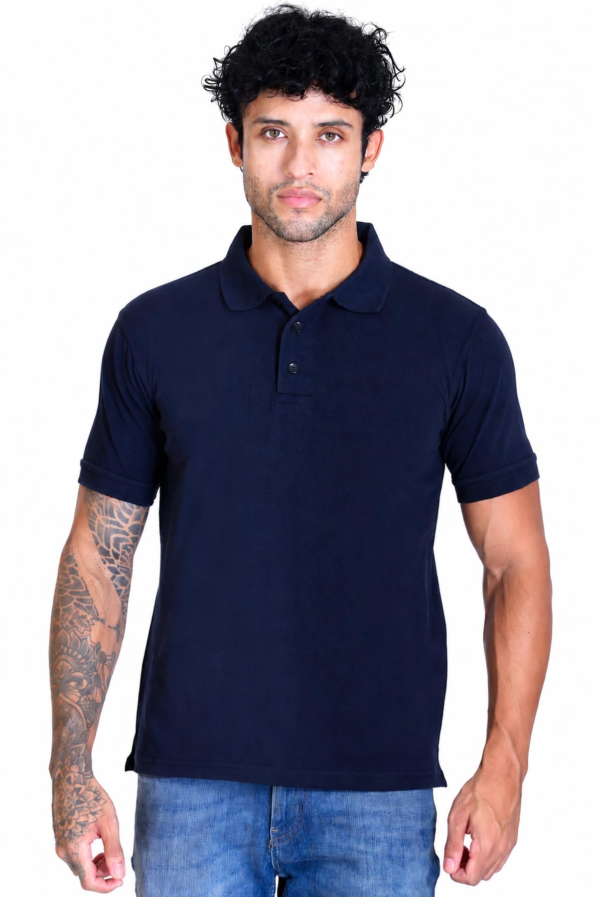 Men's Navy Polo Neck T-Shirt | 100% Organic Cotton | Soft Breathable Regular Fit Polo Tee-picture-10