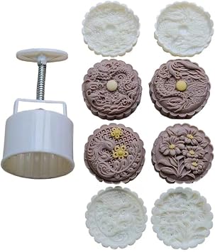 DAVBIR Mooncake Mold 200g- Floral Cookie Stamps Plastic Hand Press Dragon Phoenix Flower Shape Kitchen Gadgets DIY Baking Pastry Tool 3.3in Loong Phoenix Flower