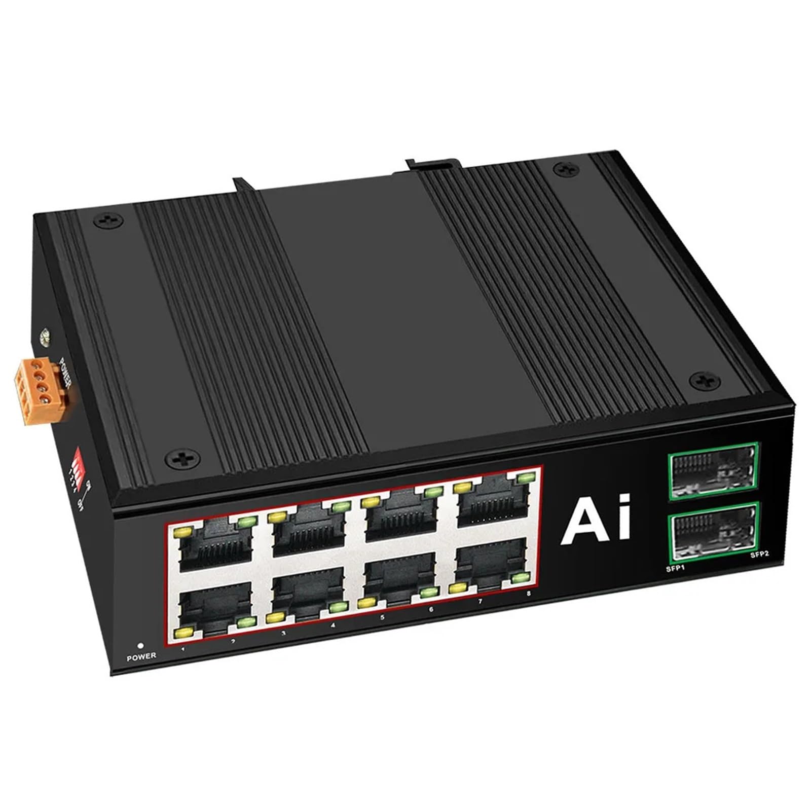 Commutateur Ethernet industriel Gigabit PoE Réseau rapide 10 ports 10/100/1000Base-T DIN IP40 Commutateur réseau extérieur (8-POE 2RJ45)