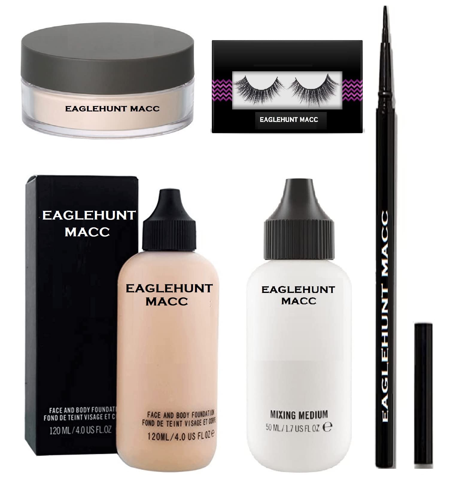 Eaglehunt Macc "Essential Makeup Kit for Girls: Foundation, Primer, Powder, Lashes, and Kajal - Set of 5"