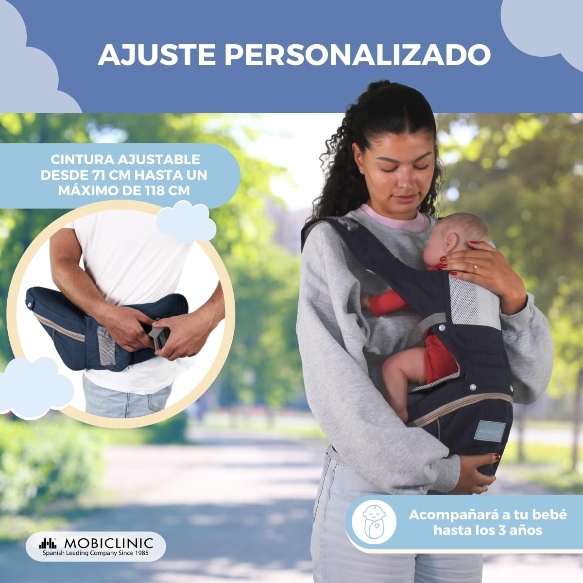 Mobiclinic® kids, Mochila portabebés, 6 en 1, Moley, Multiposición, Plegable, Bolsillo con cremallera, Reposa biberón, Algodón premium suave, 0-36 meses, Para recién nacidos y niños (azul marino) — view 3