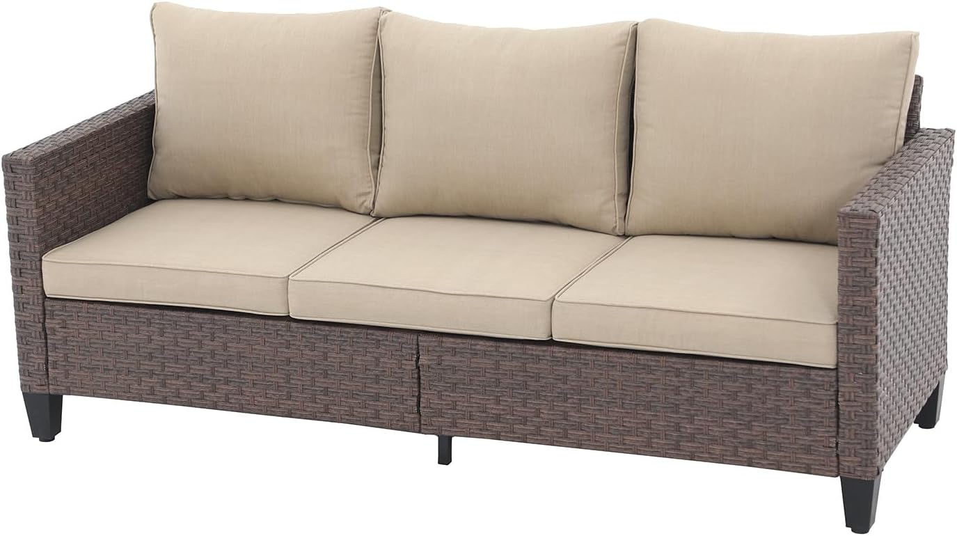 SUNSITT Outdoor Patio Couch Sofa, All Weather Wicker 3 Seater Couch, Outdoor Seating Patio Furniture Sofa with Beige Olefin Cushion for Balcony Porch Deck