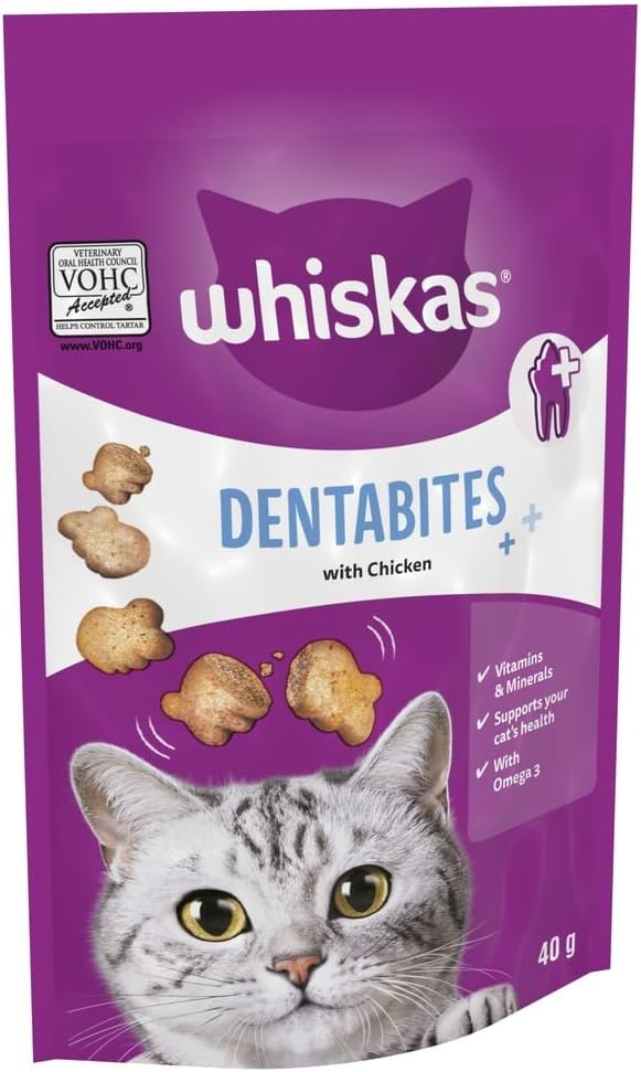 Whiskas Dentabites Cat Treats with Tasty Chicken - Oral Health Support for Cats 40 g (Pack of 6)