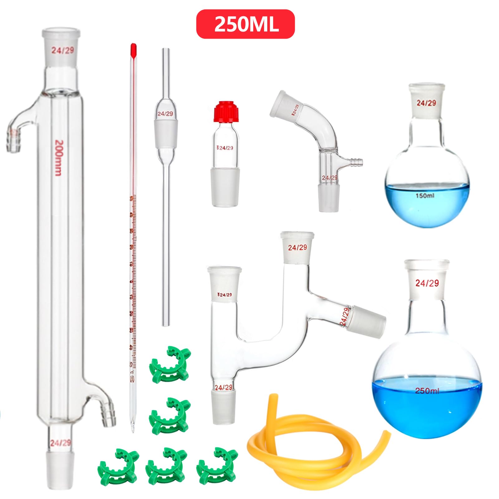 Aparato de destilación de vidrio de borosilicato Kit de destilación al vacío Laboratorio de química Artesanía de vidrio 24/29 Junta (250ml)
