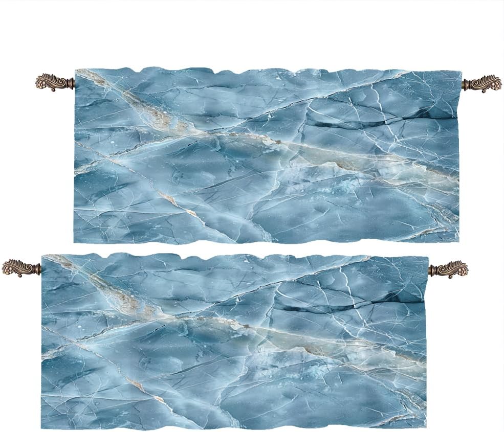 2 Panels Abstract Blue Marble Window Valances, Rod Pocket Classic Modern Geometric Short Curtains Window Treatment for Kitchen, Bathroom, Bedroom Decor, 54" W X 18" L
