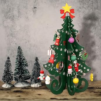 Advent Calendar Mini Wooden Artificial Christmas Trees with 24 Pendants Miniature Christmas Tree Green Mini Christmas Tree Small Christmas Decoration for Table Decoration DIY Shop Window Figures Green