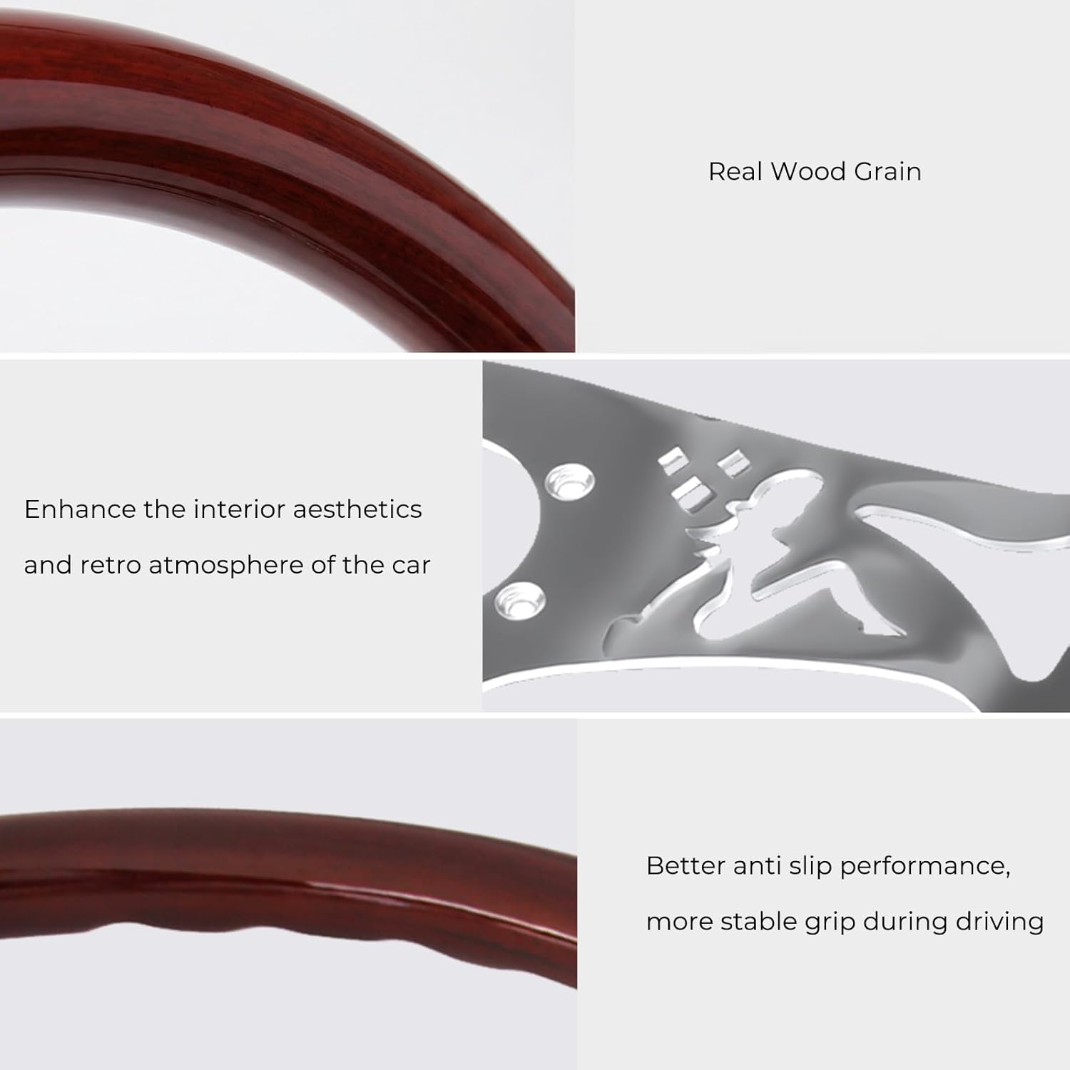 380MM 15" Wooden Steering Wheel with Horn Button Kit- Classic Wood Grain Steering Wheel