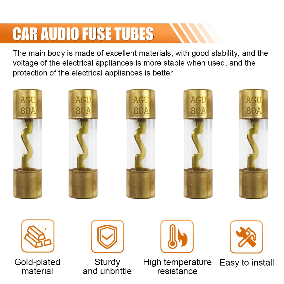 5PCS 80A AGU Fuse Gold Plated Glass Car Audio Accessories Audio Stereo System Car Fuse Kit Fit for — view 3