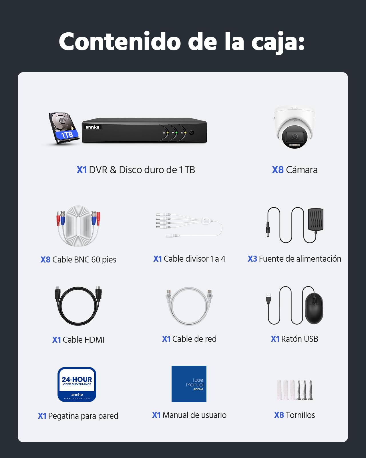 ANNKE 3K Lite 8 Canales DVR 5 en 1 con Detección de Personas/Vehiculos, 8X 1080p Cámaras Visión Nocturna en Color Kit de Videovigilancia con Disco Duro 1TB, Alerta por Email con Imágenes, IP67