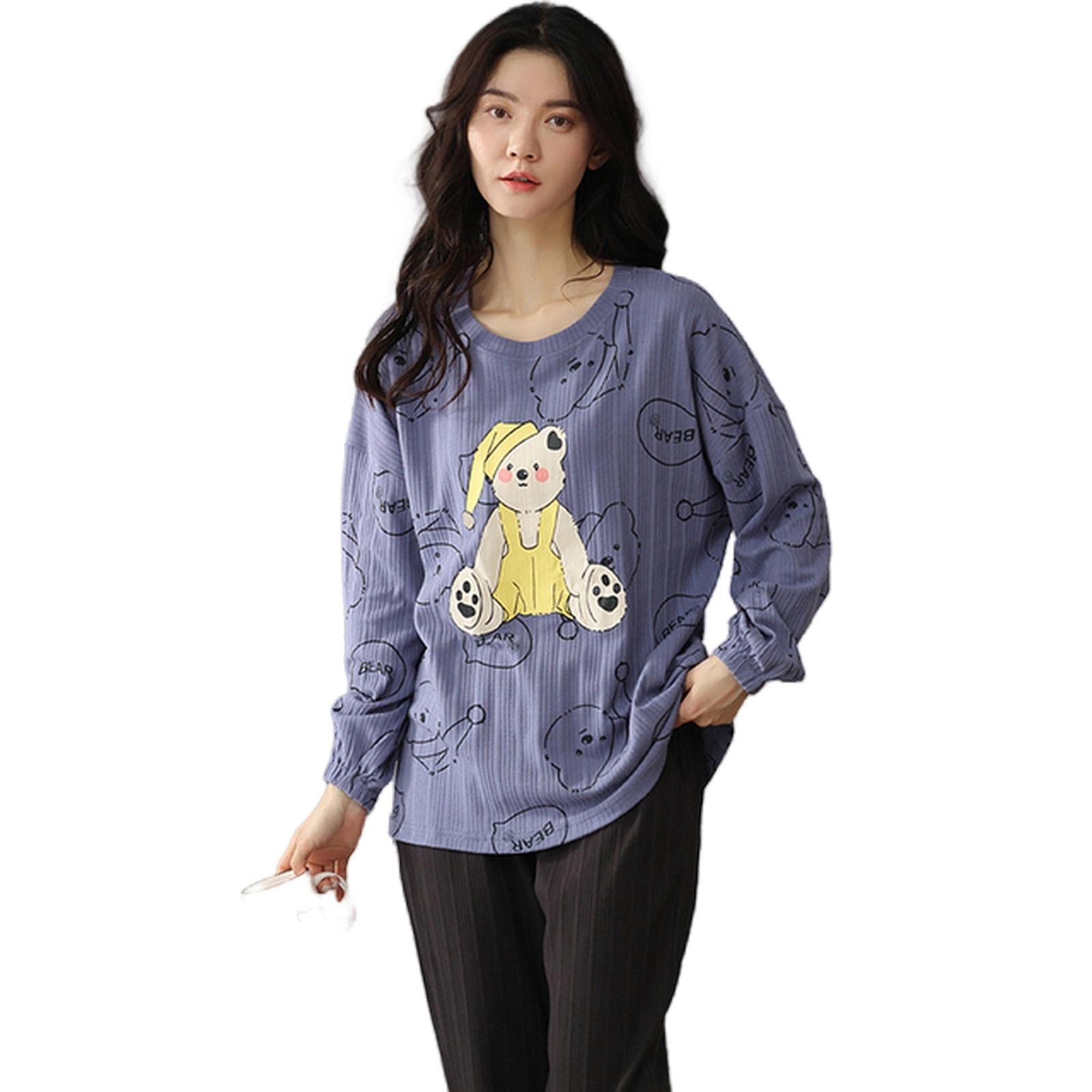 MOGSA Pijama para mujer, primavera, otoño, de algodón, elegante, floral, conjunto de ropa de dormir, pantalones a cuadros, para mujer, hogar, W18, 3XL asiático (80-90 kg)