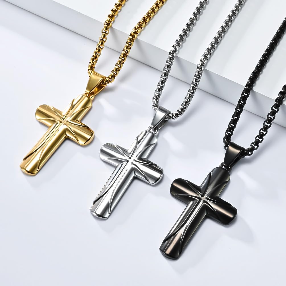 Men Cross Necklace,Stainless Steel Silver/Gold/Black Christian Pendant Necklace Faithful Jewelry，60cm Rolo Chain - Image 5