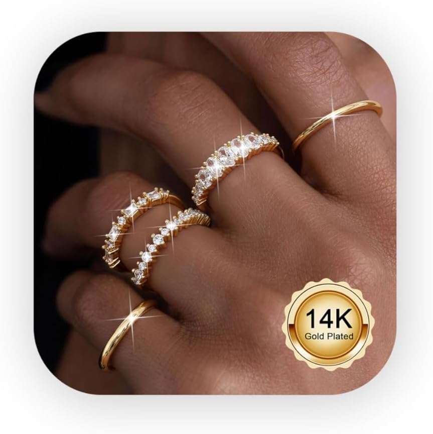 5 Pcs Gold Rings for Women 14K Gold Plated Stacking Rings Non Tarnish Cubic Zirconia Thumb Ring Set Knuckle Finger Wedding Bands Statement Engagement Promise Ladies Ring-with Jewellery Box