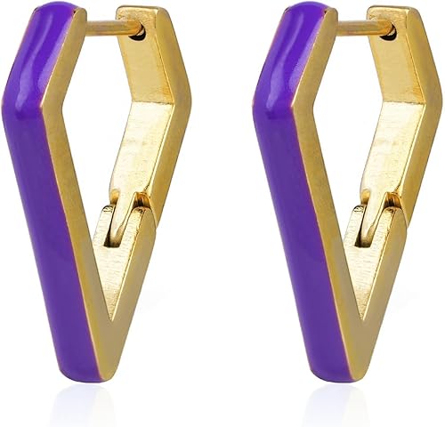 TaYolnFaSo Purple Enamel Triangle Hoop Earrings for Women Enamel Hoop Huggie Ear