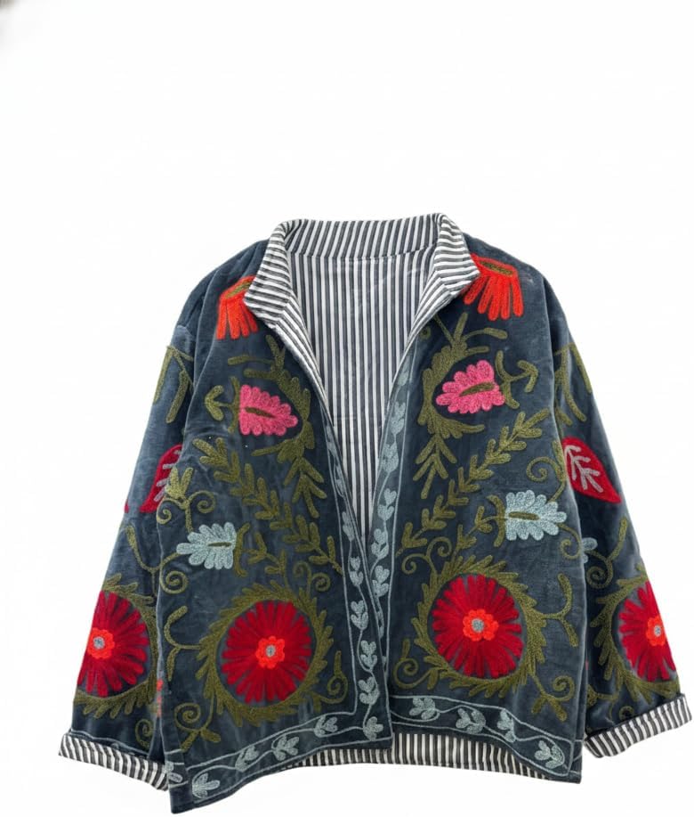Embroidered Velvet Jacket, Gray, Floral Design, Striped Lining, Open Front, Long Sleeve, Boho Style
