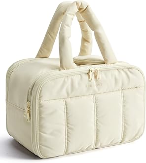 Travel Toiletry Bag, Puffy Large Toiletry Bag for Women, Lightweight Cosmetic Makeup Bag Organizer with Handle for Traveling, Accessories, Essentials, Toiletries （Beige