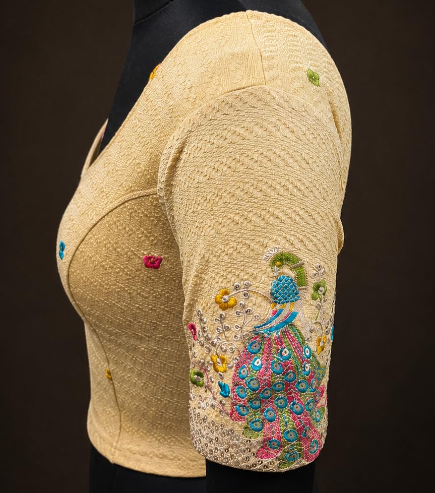 Image of Women's Designer Readymade Stretchable Blouse with Peacock Embroidery Elegant Ethnic Saree Blouse
