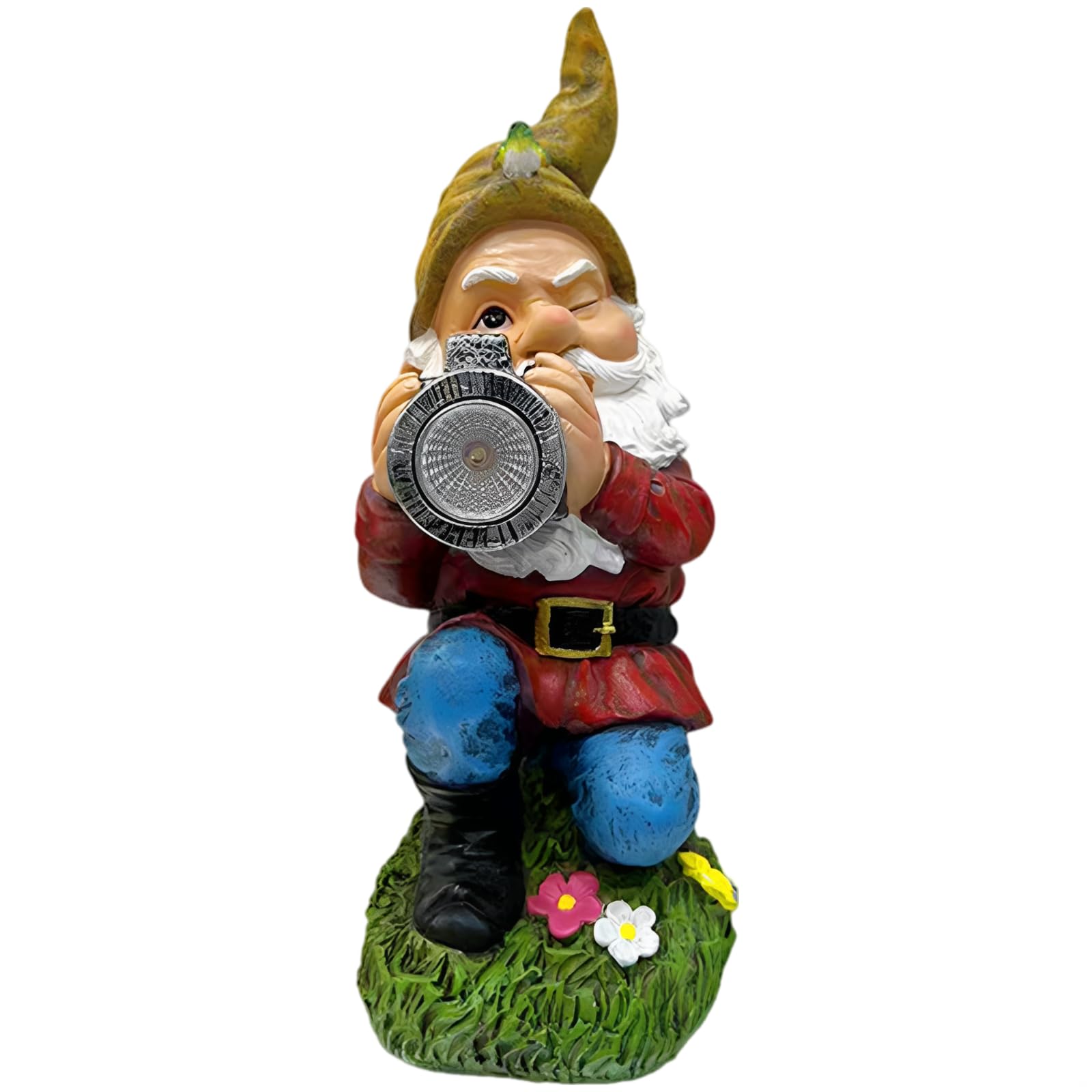 Figurka ogrodowa z motywem krasnala teleskopowego, lampa solarna 13,9 cm, ręcznie malowana statuetka krasnala z żywicy, oświetlenie krajobrazu na patio, trawnik, dekoracja podwórka