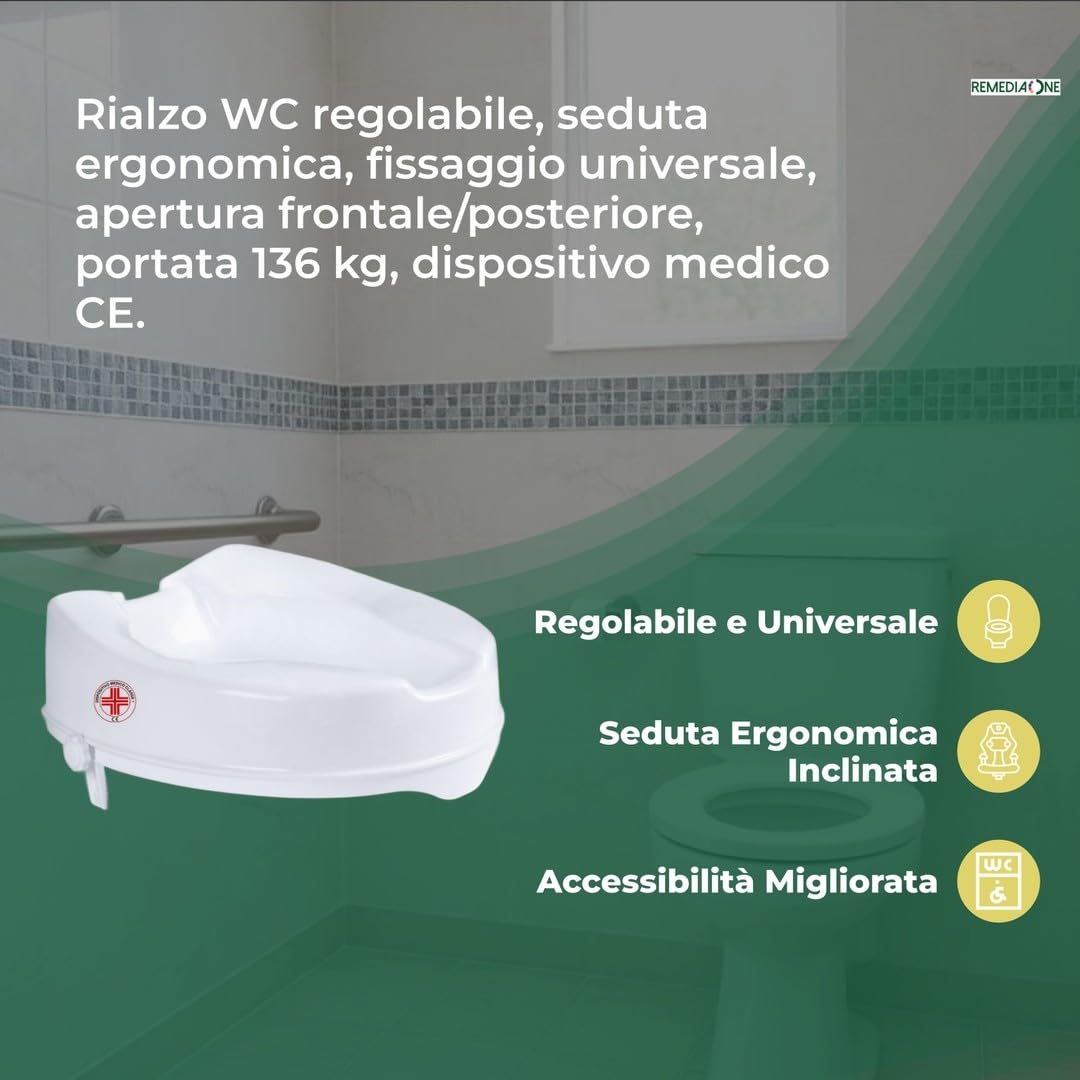 REMEDIA ONE - Rialzo WC per Anziani senza Coperchio, Alzata per Wc Regolabile, Alzawater per Protesi Anca, Seduta Ergonomica – Bianco, 10 cm