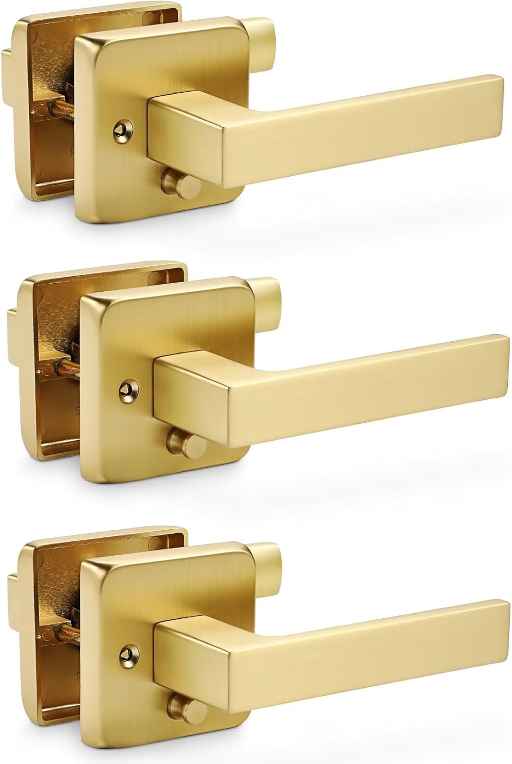 Linkaa Satin Brass Privacy Lever Door Handle for Bathroom Hallway Bedroom I Reversible Design I Fit All Standard Door I Latch Screws Included （Brass Gold，Privacy，Push Button Lock，3 Pack）