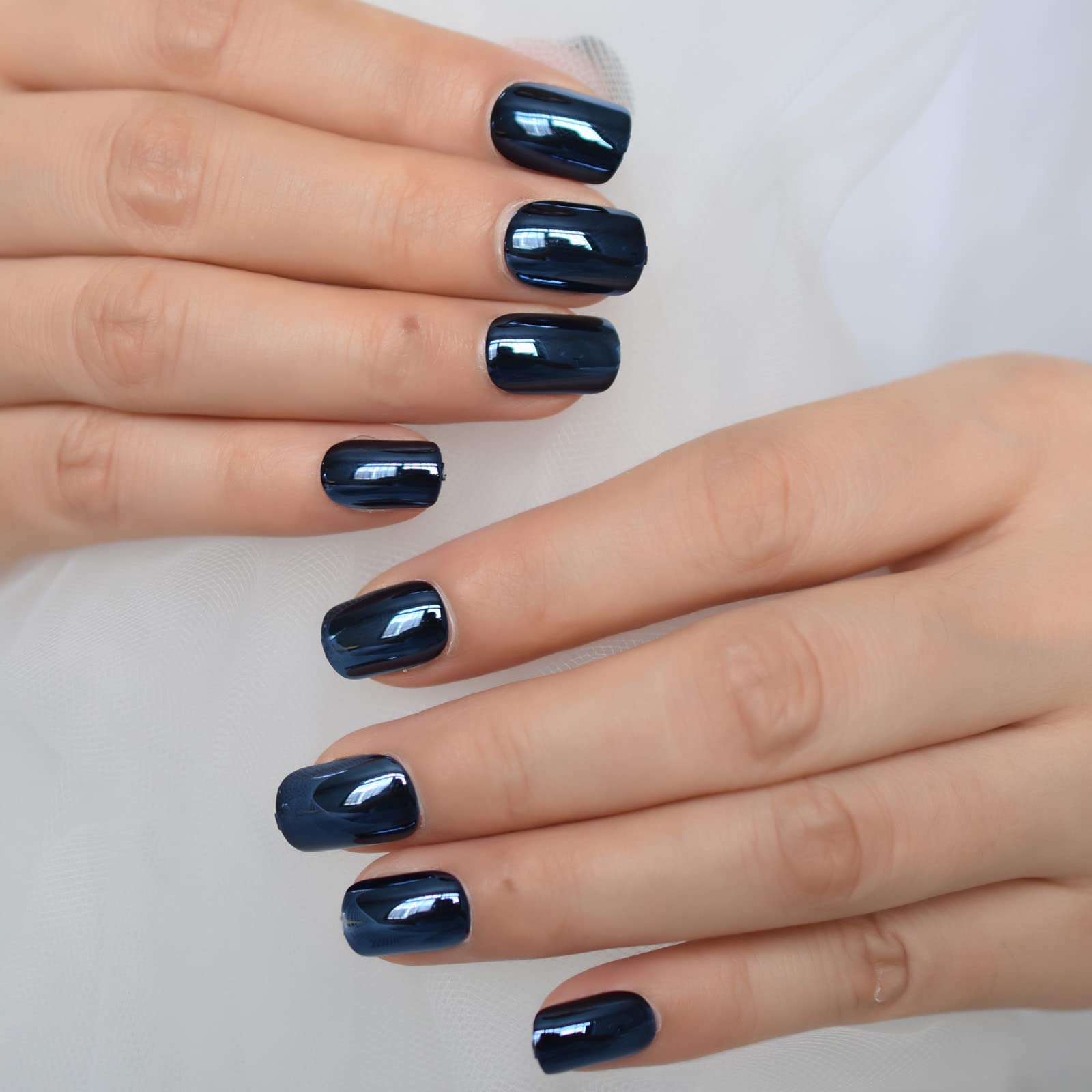 Metallic Dark Blue Press on Nails Short Squoval False Nails Reusable Fake Nail Art Tips Manicure Kits