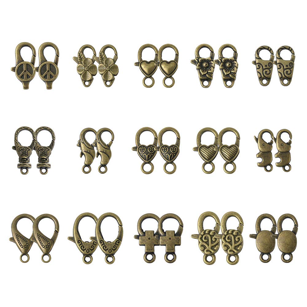 Cheriswelry 30pcs Tibetan Lobster Claw Clasps 15 Styles Antique Bronze Heart Flower Cross Clasps Chain Connector for Jewellery Crafts Making โ image 1