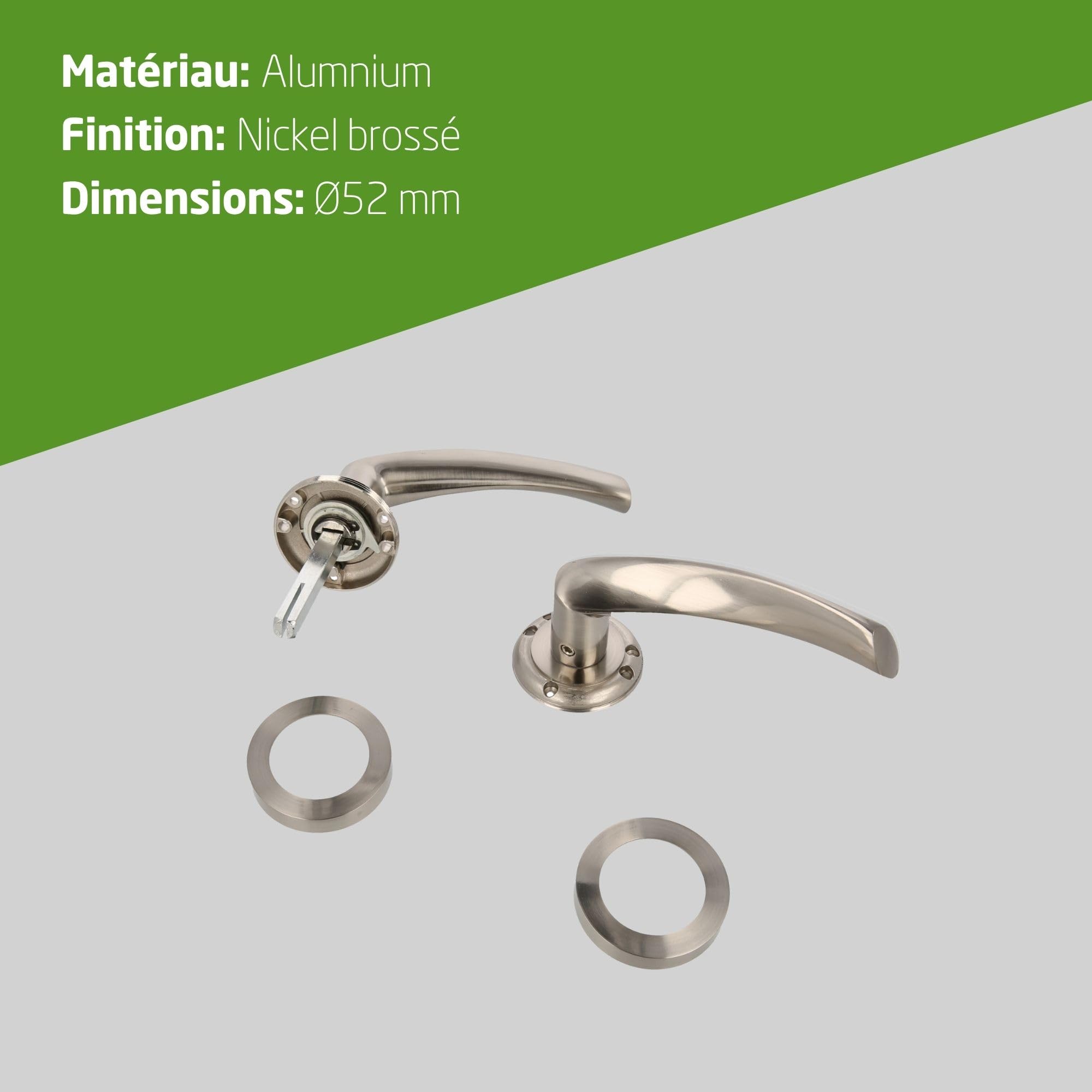 Amig - Lot de 4 poignées de porte avec rosace en Zamak Mod. ISHI RX, 52 mm, carré de 8 mm, design élégant et simple, aluminium nickel brossé