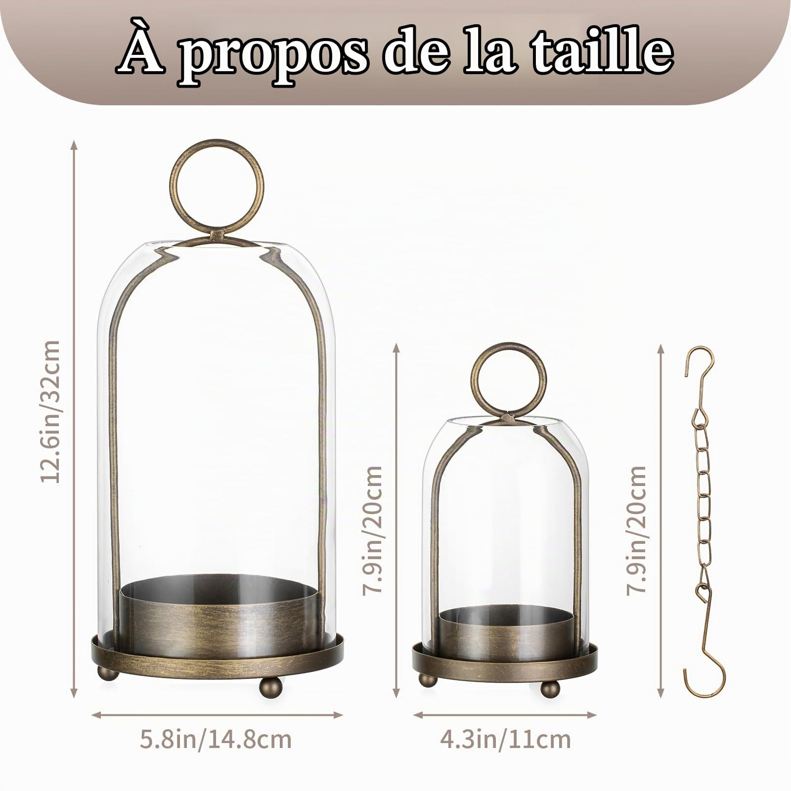 Sziqiqi Bougeoir Hurricane pour Bougies Piliers : Lanterne Vintage Laiton avec Dôme en Verre pour Salon - Lot de 2 Grandes Lanternes Métalliques avec Chaîne pour Centre de Table Cheminée Extérieur