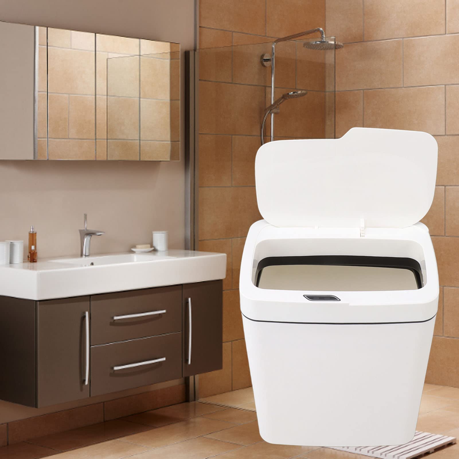 Pattumiera Intelligente da 18 Litri, Pattumiera con Sensore di Movimento a Batteria - Pattumiera da Bagno Bianca con Coperchio - a Tenuta Stagna Ed Elegante