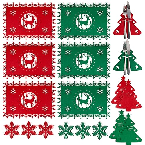 BETESSIN 18pz Tovagliette Natalizie in Feltro Portaposate Sottobicchieri Sottopiatti Natalizi in Feltro a Forma di Renna Fiocco di Neve Albero di Natale per Decorazione Tavolo Festa di Natale