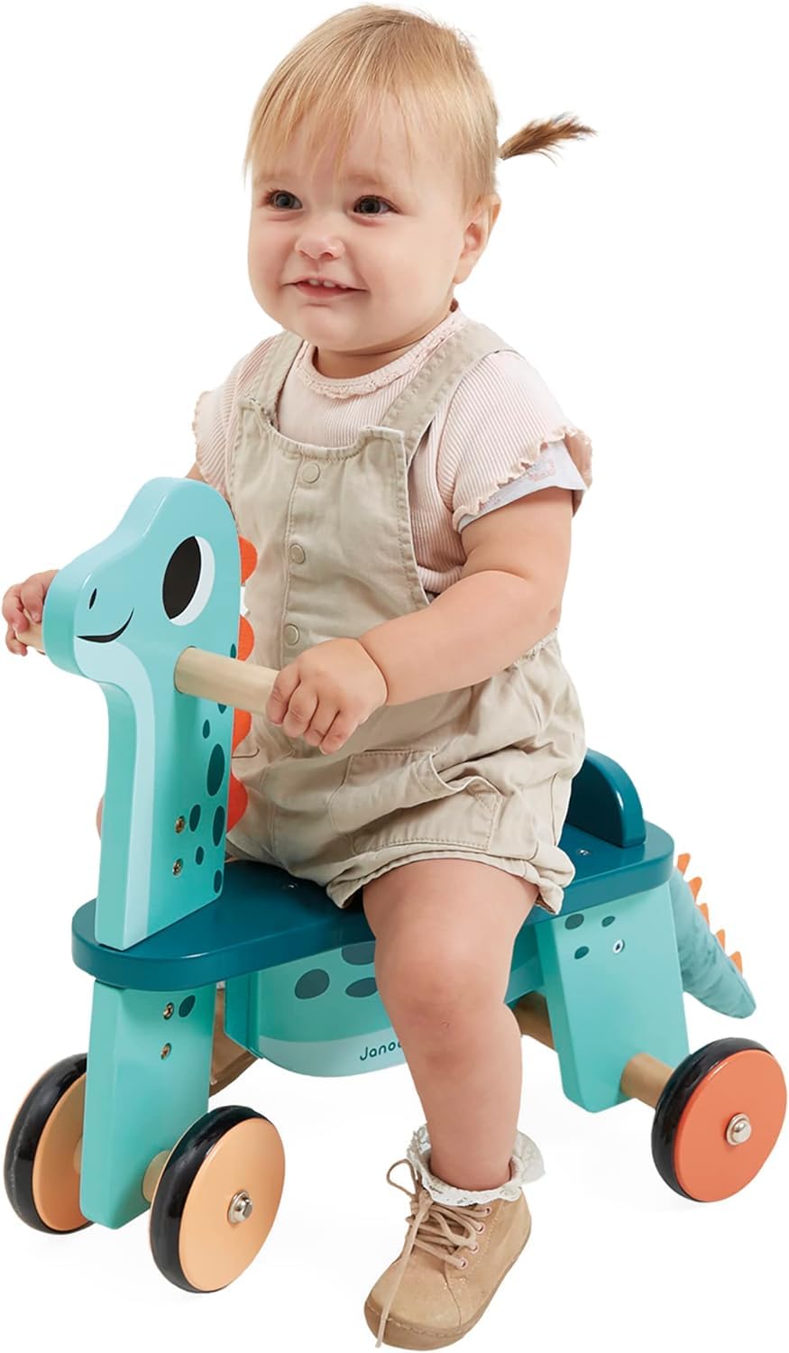 Janod - Cavalcabile Dinosauro Portosauro - Altezza Sedile 21 cm - Coda Peluche Removibile - Giocattolo Multisensoriale Legno FSC - dai 12 Mesi, J05828