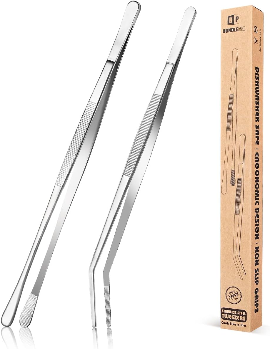 2 Pcs Kitchen Fine Tweezer Tongs, 12'' Stainless Steel Food